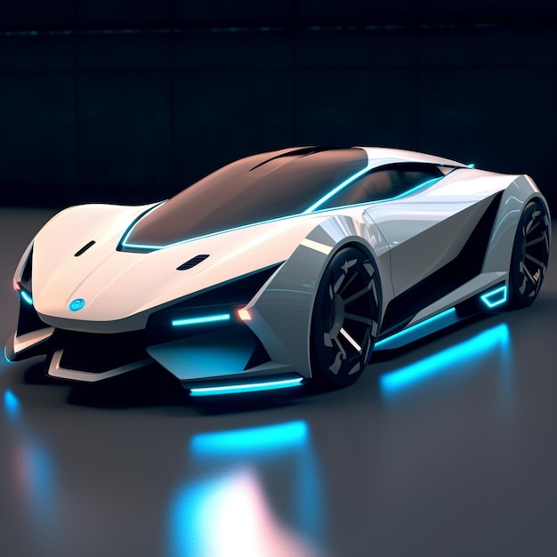 Крупный план футуристического автомобиля с голубым светом сбоку генеративного ИИ