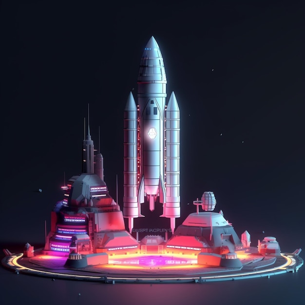 A close up of a futuristic city with a rocket on top generative ai