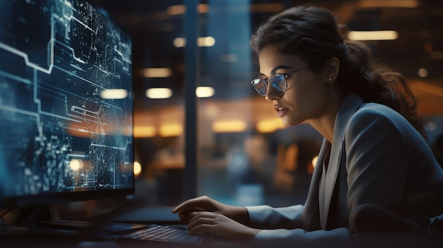 Крупным планом футуристическая женщина CPA, работающая на современном компьютере