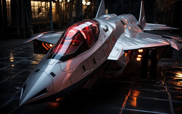 Foto prossimo piano jet da combattimento militare futuristico aitplan neon aereo da caccia sullo sfondo