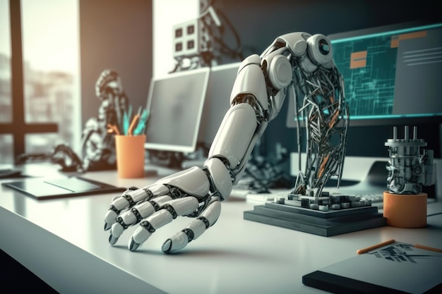 Close Up of a Futuristic Prosthetic Robot Arm Stands on a Desk in a High Tech Research Laboratory AI generation