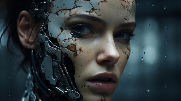 Close up of futuristic robotic humanoid human face with mechanical scifi dystopia