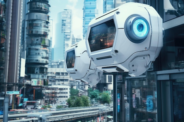 Photo close up futuristic security camera in street of smart city video control