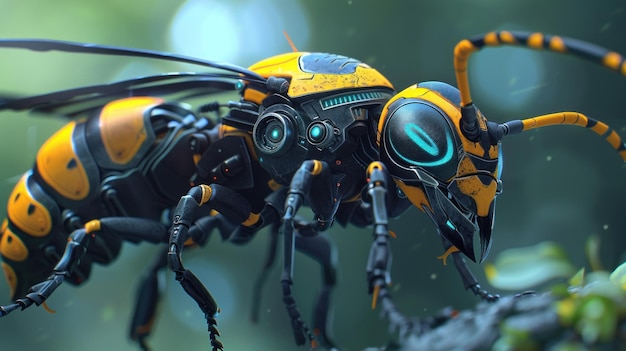 Close up of futuristic yellow bee robot concept