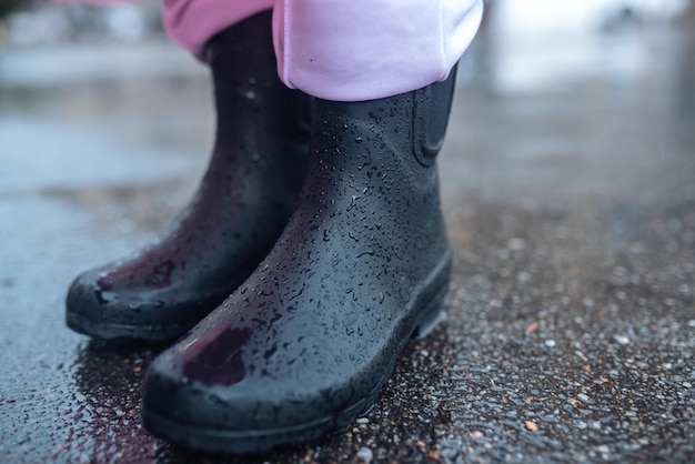 Close up of galoshes on a rainy day