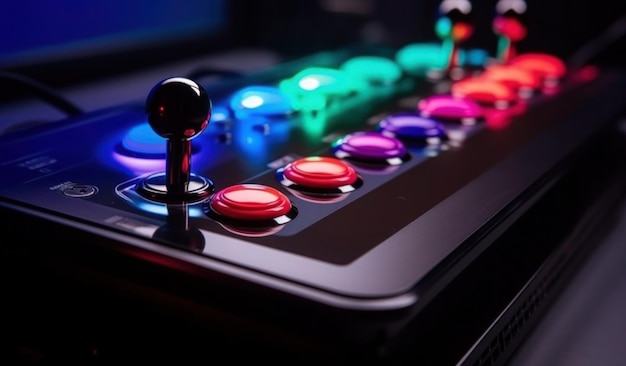 A close up of a gaming controller with a colorful button and a button