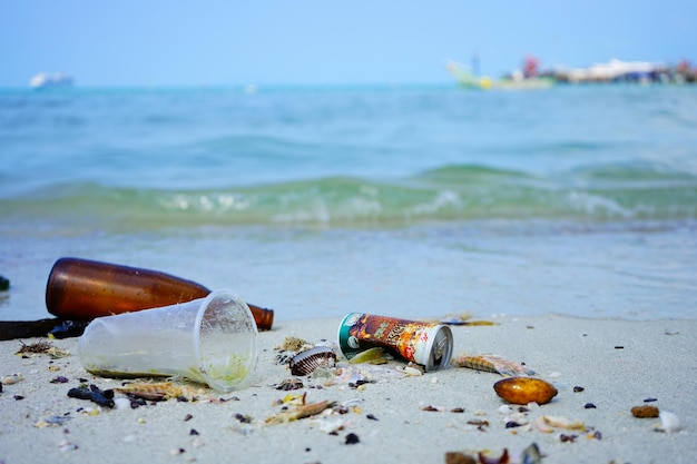 Close-up of garbage can on beach