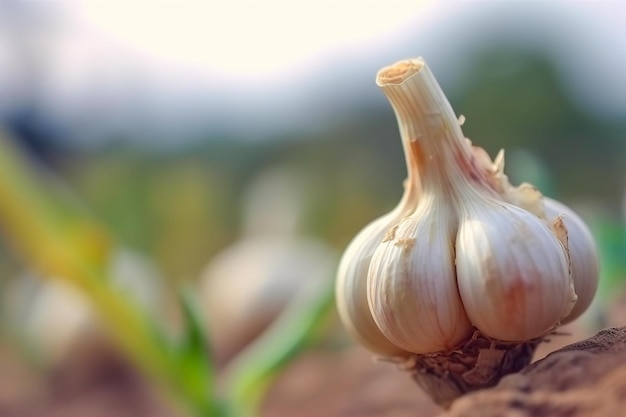 Close up of Garlic on nature background with copy space Healthy vegan vegetarian food concept