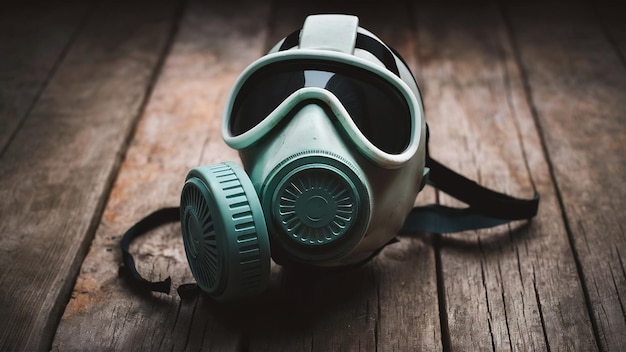 Photo close up of a gas mask on wooden surface