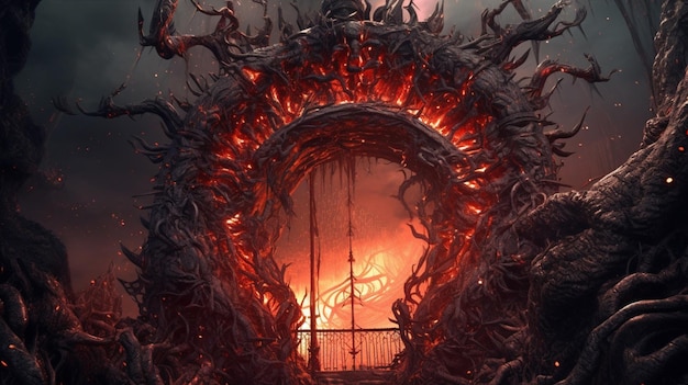 a close up of a gate with a fire in the background generative ai