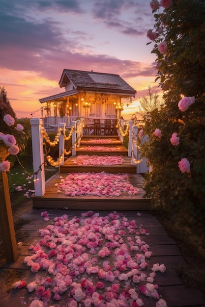 a close up of a gazebo with flowers on the ground generative ai