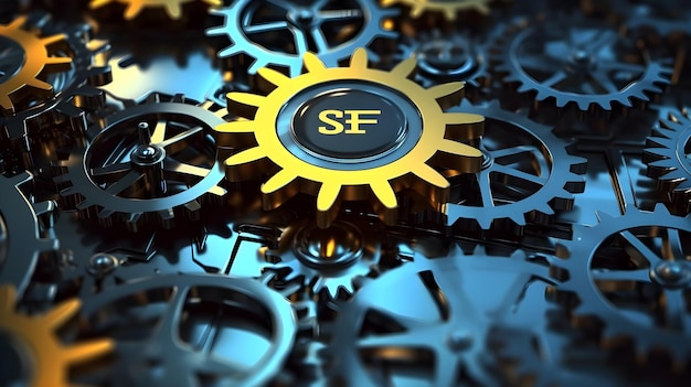 A close up of a gear with the word sf on it