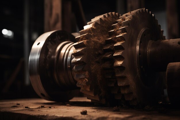 A close up of a gear on a workbench