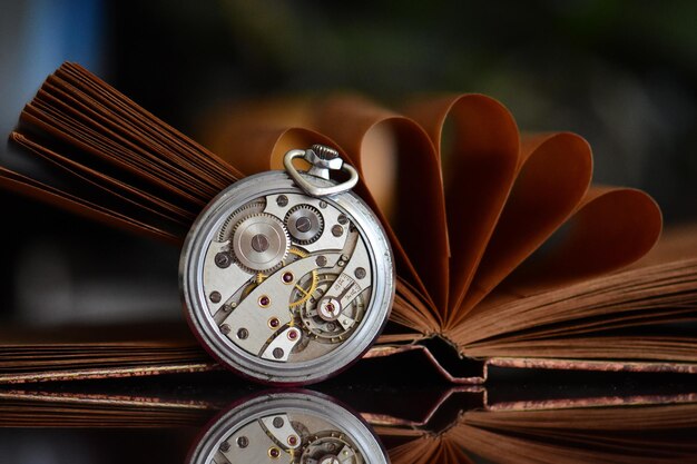 Photo close up of gears in the pocket watch mechanism