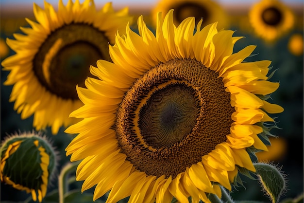 Close-up Gebied van bloeiende zonnebloemen Generatieve Ai