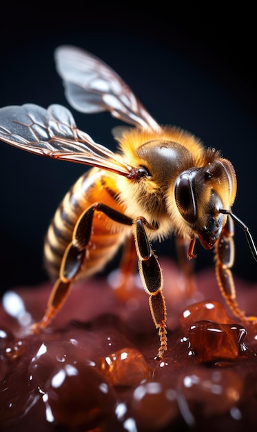 Close-up gedetailleerde opname van een honingbij op een bloem en waterdruppels