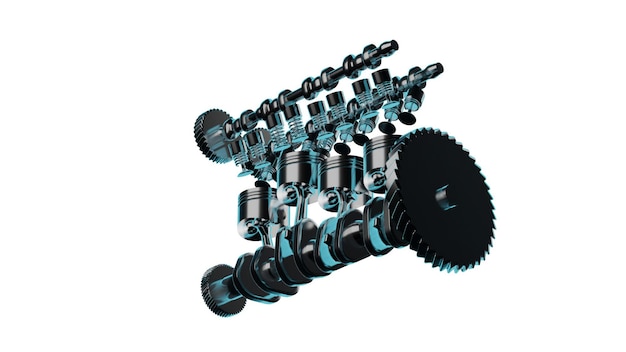 Close-up gedetailleerde volledig gestructureerde 3D-rendering op witte achtergrond van een automotor met zuigers, nokkenasventielen en andere mechanische componenten met hoge prestaties