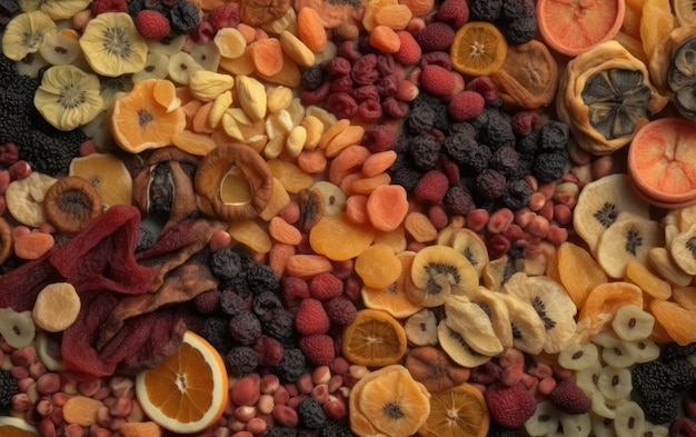 close-up gedroogde mix van fruit en noten gezonde snacks textuur achtergrond ai gegenereerd