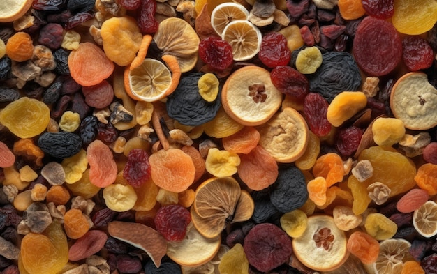 close-up gedroogde mix van fruit en noten gezonde snacks textuur achtergrond ai gegenereerd