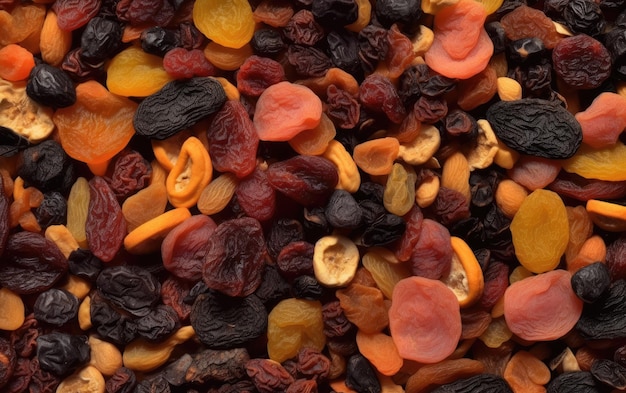 close-up gedroogde mix van fruit en noten gezonde snacks textuur achtergrond ai gegenereerd