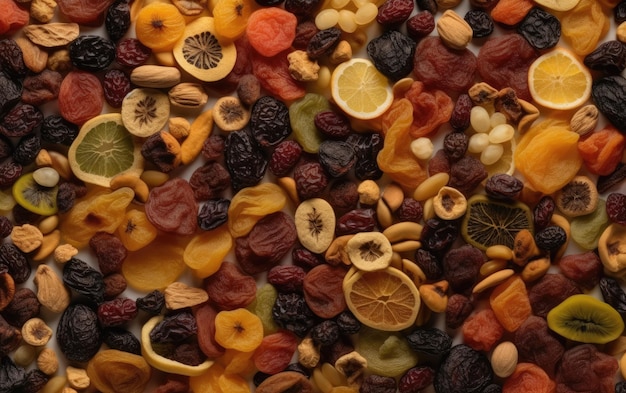 Foto close-up gedroogde mix van fruit en noten gezonde snacks textuur achtergrond ai gegenereerd