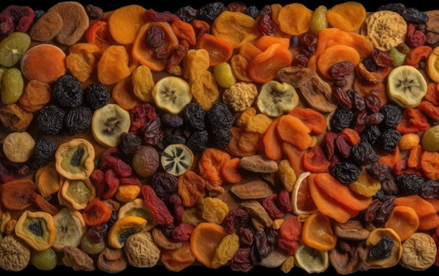 close-up gedroogde mix van fruit en noten gezonde snacks textuur achtergrond ai gegenereerd