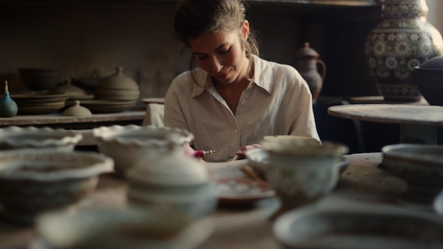 Close-up gefocuste vrouw die ornament maakt op kleipot in aardewerk Glimlachende keramiekmaker die handwerk doet in de werkplaats Portret van opgewonden vrouwelijke kunstenaar die ornament tekent in het studio