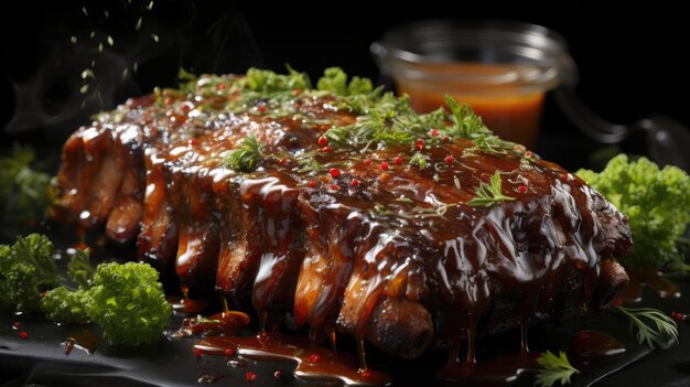 Close-up gegrilde ribben met gesmolten barbecuesaus op een zwarte en onscherpe achtergrond