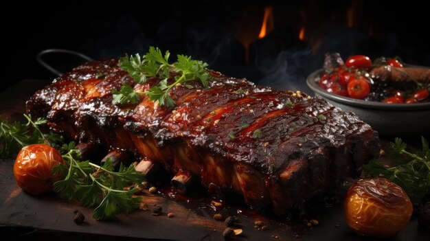 Close-up gegrilde ribben met gesmolten barbecuesaus op een zwarte en onscherpe achtergrond