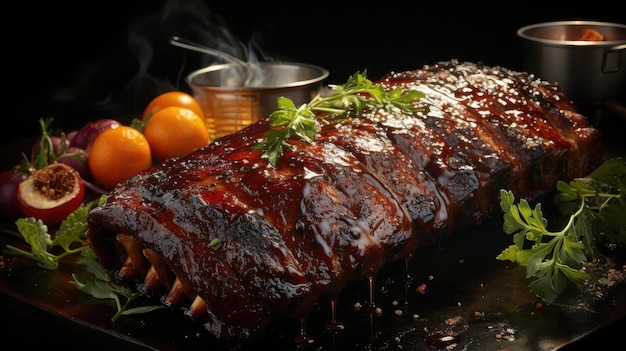 Close-up gegrilde ribben met gesmolten barbecuesaus op een zwarte en onscherpe achtergrond