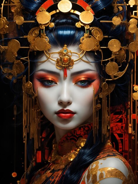 Photo close up of geisha made of glass clock motorhead biomechanical biopunk geisha cute large golden