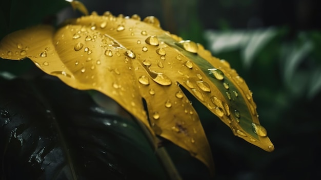 Close-up Gele kurkuma tropische plant bladeren met regendruppels Groene natuurlijke achtergrond Generatieve AI
