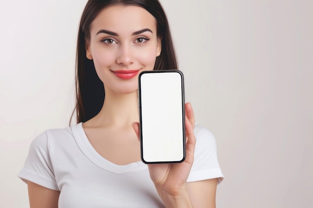 Close-up Gelukkige mooie vrouw die een witte smartphone toont Generatieve AI