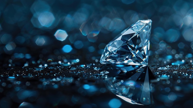 close up of gemstones blue reflections a large shiny diamond in black background