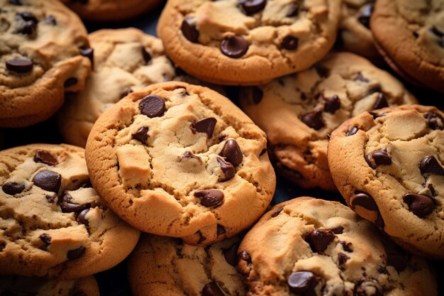 Close up generative ai image of chocolate chip tasty cookies