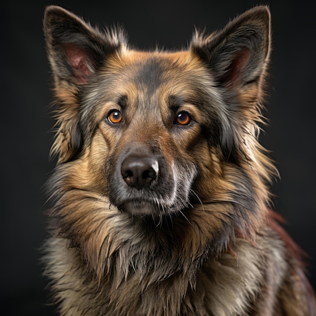 a close up of a german shepherd dog on a black background
