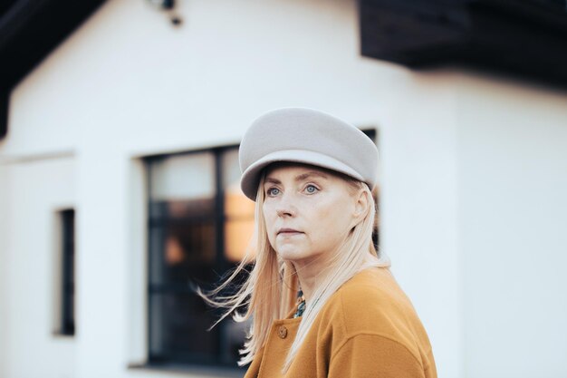 Close-up gezicht portret Europese vrouw van middelbare leeftijd met blauwe groene ogen in herfst mode hoed