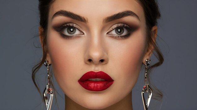 Close-up gezicht van brunette vrouw met mode make-up en rode lippen