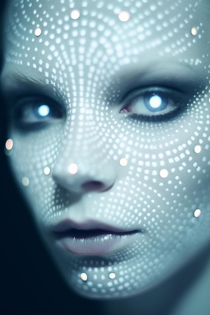 Foto close-up gezicht van een vrouw met lichte deeltjes die op een donkere achtergrond gloeien