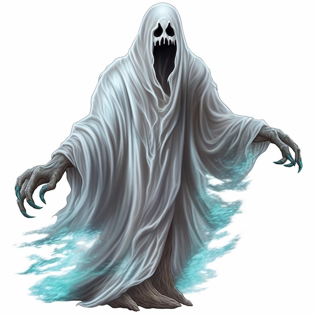 A close up of a ghost with a long white robe and a black face generative ai