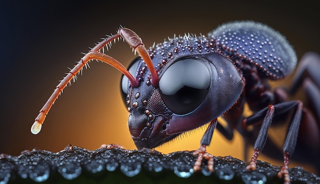 A close up of a giant ant with a black background