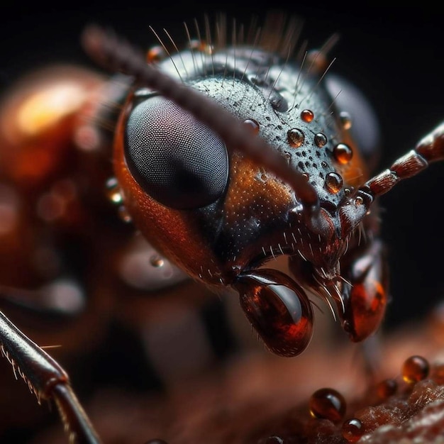 A close up of a giant ant with the eyes covered in water droplets