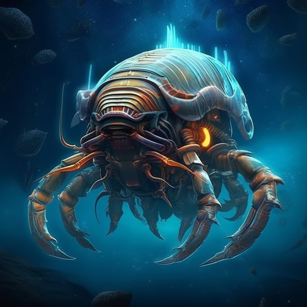 A close up of a giant crab with a glowing eye generative ai