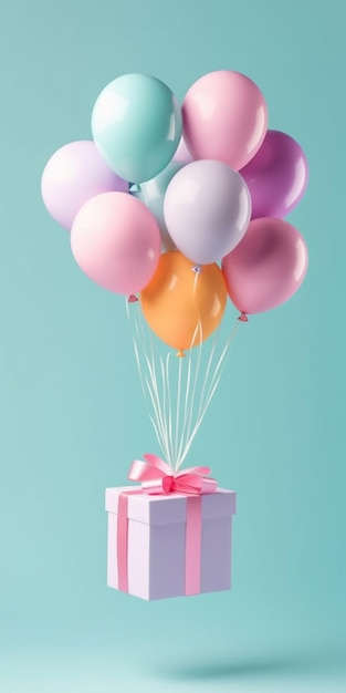 a close up of a gift box with balloons floating in the air generative ai