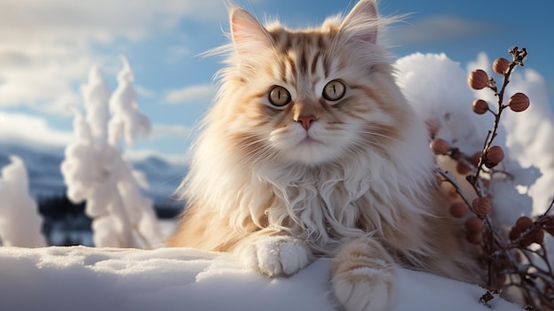 Close up of ginger fluffy cat lie on snow in beautiful winter landscape