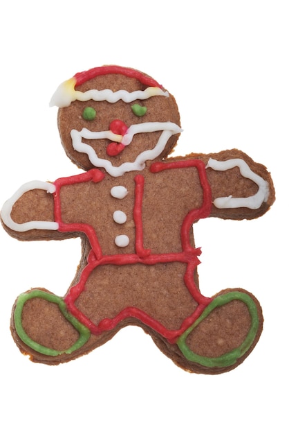 Photo close-up of gingerbread man on white background