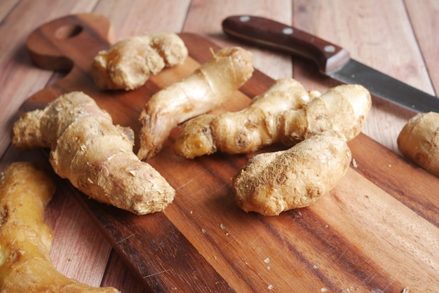 Close up of gingers on chopping board