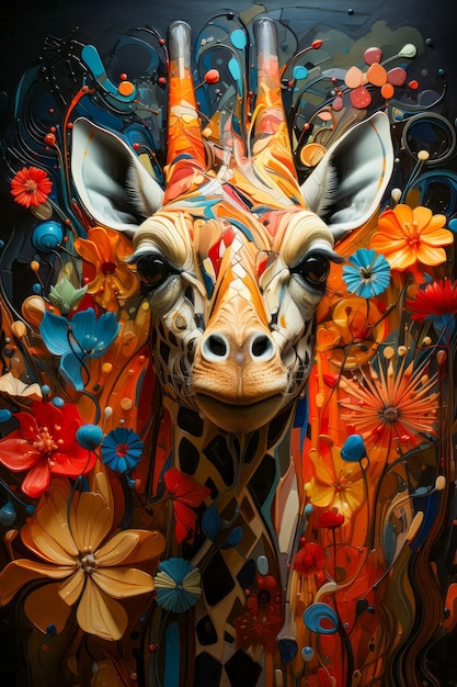 Close up of giraffe's face surrounded by flowers Generative AI