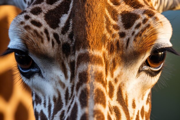 a close up of a giraffe's face with a blurry background