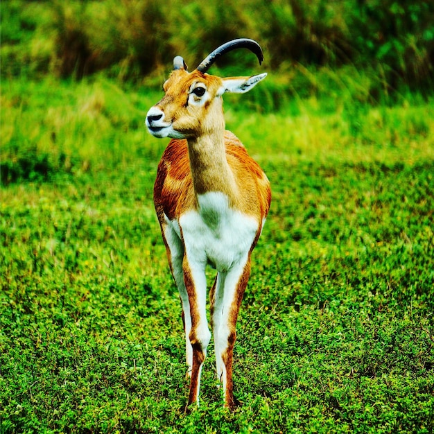 Foto close-up di una giraffa in piedi sul campo